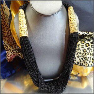 1980s RARE Vintage Ethnic Necklace Black Glass w Carved Bone Long Torsade